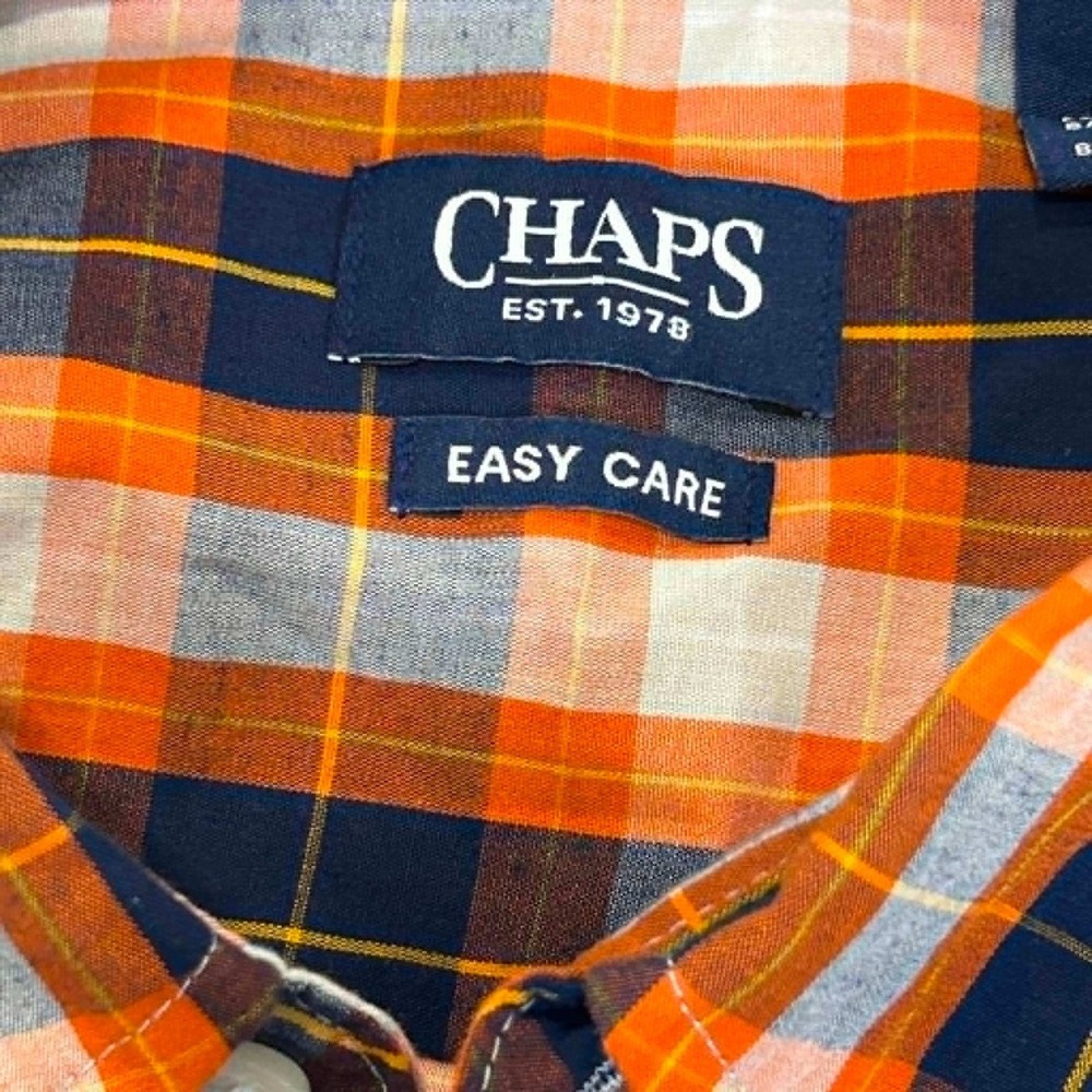 Chaps Mens XXL Easy Care Plaid Button Down Shirt Orange Navy Blue Short Sleeve - Picture 2 of 9